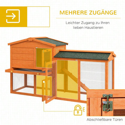 PawHut Hasenstall mit 2 Ebenen aus Tannenholz, Winterfester Kaninchenstall mit Freilaufgehege, Doppelstockhaus mit Rampe & Kunststoffwanne, Für Außen, 150x45x85 cm, Orange