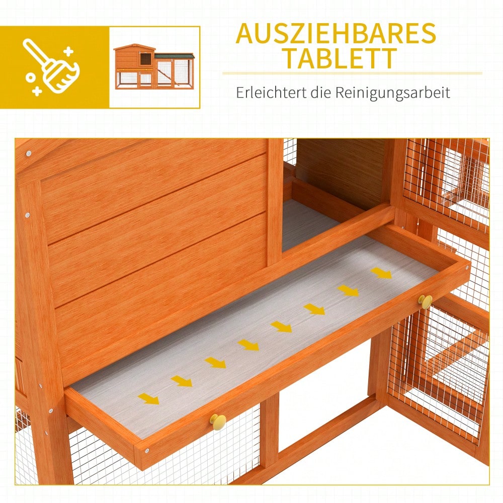 PawHut Hasenstall mit 2 Ebenen aus Tannenholz, Winterfester Kaninchenstall mit Freilaufgehege, Doppelstockhaus mit Rampe & Kunststoffwanne, Für Außen, 150x45x85 cm, Orange