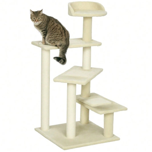 PawHut Kratzbaum für Katzen 100 cm hoch, Katzenturm mit Sisalstämmen & großer Plattform, Mehrstöckiger Kletterbaum für kleine und mittelgroße Katzen, Katzenmöbel, Beige
