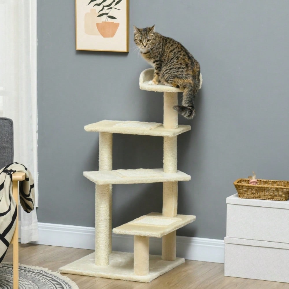 PawHut Kratzbaum für Katzen 100 cm hoch, Katzenturm mit Sisalstämmen & großer Plattform, Mehrstöckiger Kletterbaum für kleine und mittelgroße Katzen, Katzenmöbel, Beige