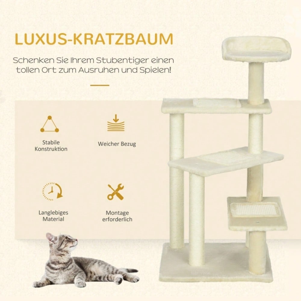 PawHut Kratzbaum für Katzen 100 cm hoch, Katzenturm mit Sisalstämmen & großer Plattform, Mehrstöckiger Kletterbaum für kleine und mittelgroße Katzen, Katzenmöbel, Beige