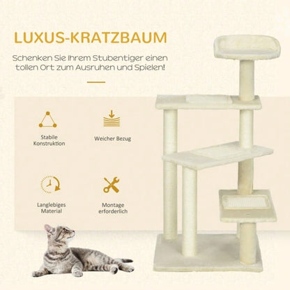 PawHut Kratzbaum für Katzen 100 cm hoch, Katzenturm mit Sisalstämmen & großer Plattform, Mehrstöckiger Kletterbaum für kleine und mittelgroße Katzen, Katzenmöbel, Beige
