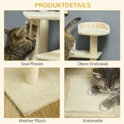 PawHut Kratzbaum für Katzen 100 cm hoch, Katzenturm mit Sisalstämmen & großer Plattform, Mehrstöckiger Kletterbaum für kleine und mittelgroße Katzen, Katzenmöbel, Beige