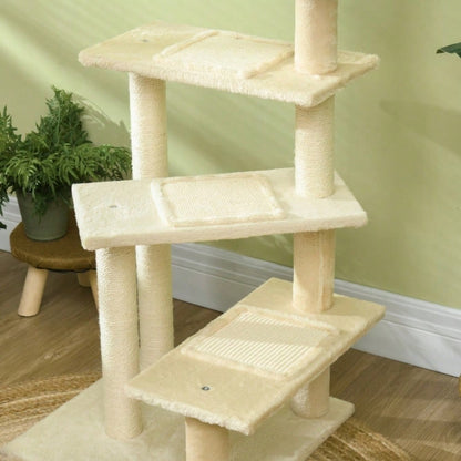 PawHut Kratzbaum für Katzen 100 cm hoch, Katzenturm mit Sisalstämmen & großer Plattform, Mehrstöckiger Kletterbaum für kleine und mittelgroße Katzen, Katzenmöbel, Beige
