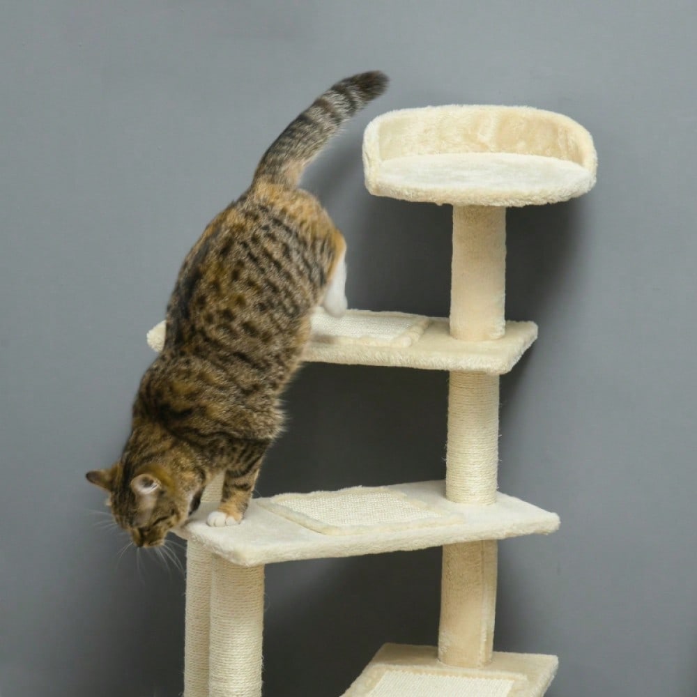 PawHut Kratzbaum für Katzen 100 cm hoch, Katzenturm mit Sisalstämmen & großer Plattform, Mehrstöckiger Kletterbaum für kleine und mittelgroße Katzen, Katzenmöbel, Beige