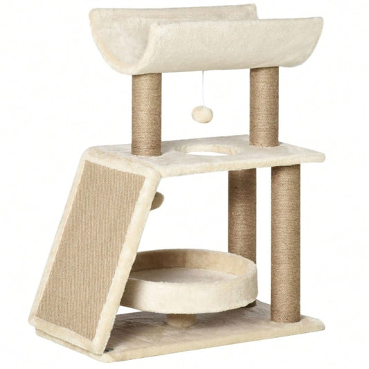 PawHut Kratzbaum Katzenbaum, inkl. Spielzeug und Katzenbett, 60 cm x 30 cm x 76 cm, Natur