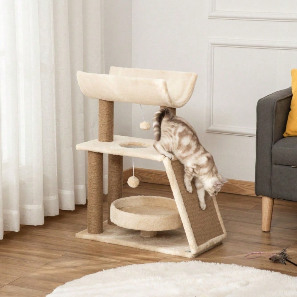 PawHut Kratzbaum Katzenbaum, inkl. Spielzeug und Katzenbett, 60 cm x 30 cm x 76 cm, Natur