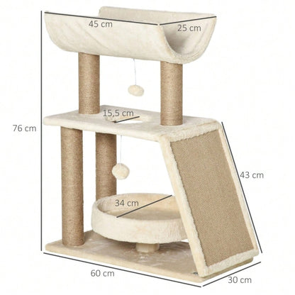 PawHut Kratzbaum Katzenbaum, inkl. Spielzeug und Katzenbett, 60 cm x 30 cm x 76 cm, Natur