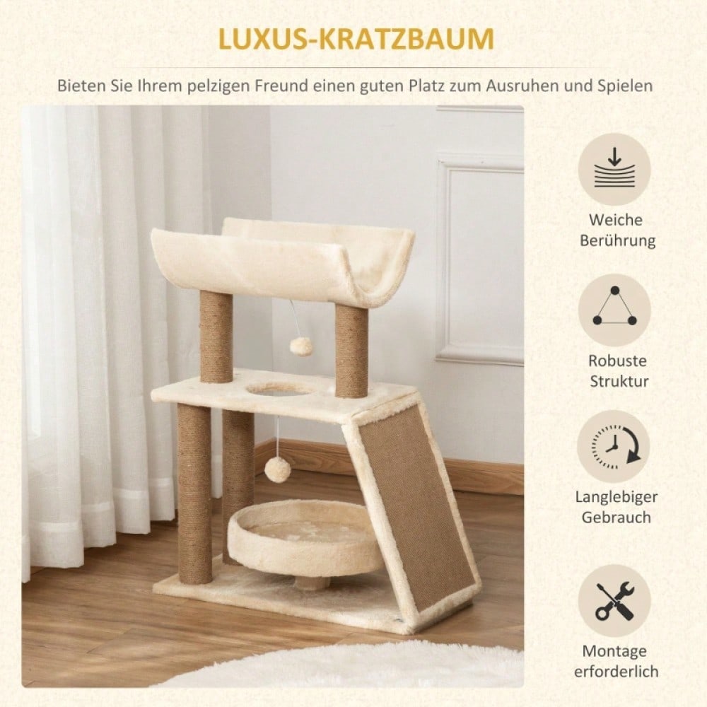 PawHut Kratzbaum Katzenbaum, inkl. Spielzeug und Katzenbett, 60 cm x 30 cm x 76 cm, Natur