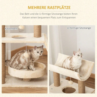 PawHut Kratzbaum Katzenbaum, inkl. Spielzeug und Katzenbett, 60 cm x 30 cm x 76 cm, Natur