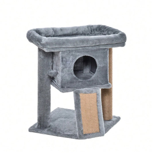 PawHut Kratzbaum mit Katzenhöhle, Mehrstufiger Katzenturm mit Sisal, Liegefläche & Spielball, Für kleine Katzen, Katzenspielzeug für die Wohnung, 57 cm Höhe, Hellgrau