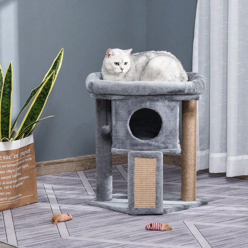 PawHut Kratzbaum mit Katzenhöhle, Mehrstufiger Katzenturm mit Sisal, Liegefläche & Spielball, Für kleine Katzen, Katzenspielzeug für die Wohnung, 57 cm Höhe, Hellgrau
