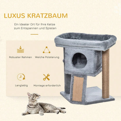 PawHut Kratzbaum mit Katzenhöhle, Mehrstufiger Katzenturm mit Sisal, Liegefläche & Spielball, Für kleine Katzen, Katzenspielzeug für die Wohnung, 57 cm Höhe, Hellgrau