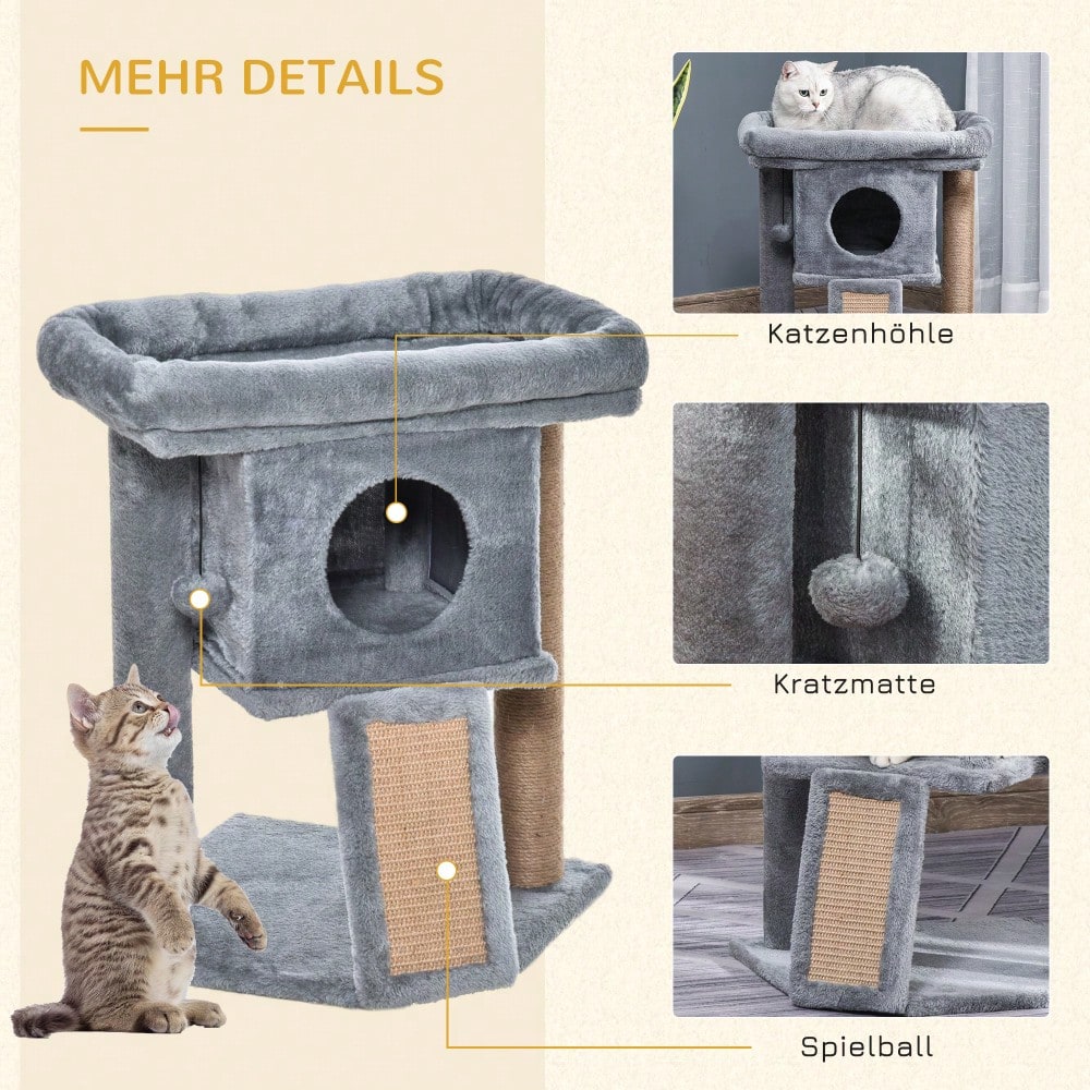 PawHut Kratzbaum mit Katzenhöhle, Mehrstufiger Katzenturm mit Sisal, Liegefläche & Spielball, Für kleine Katzen, Katzenspielzeug für die Wohnung, 57 cm Höhe, Hellgrau