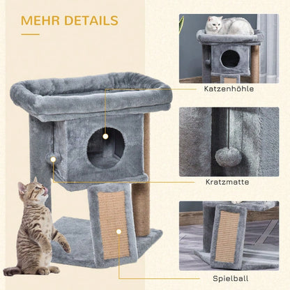 PawHut Kratzbaum mit Katzenhöhle, Mehrstufiger Katzenturm mit Sisal, Liegefläche & Spielball, Für kleine Katzen, Katzenspielzeug für die Wohnung, 57 cm Höhe, Hellgrau