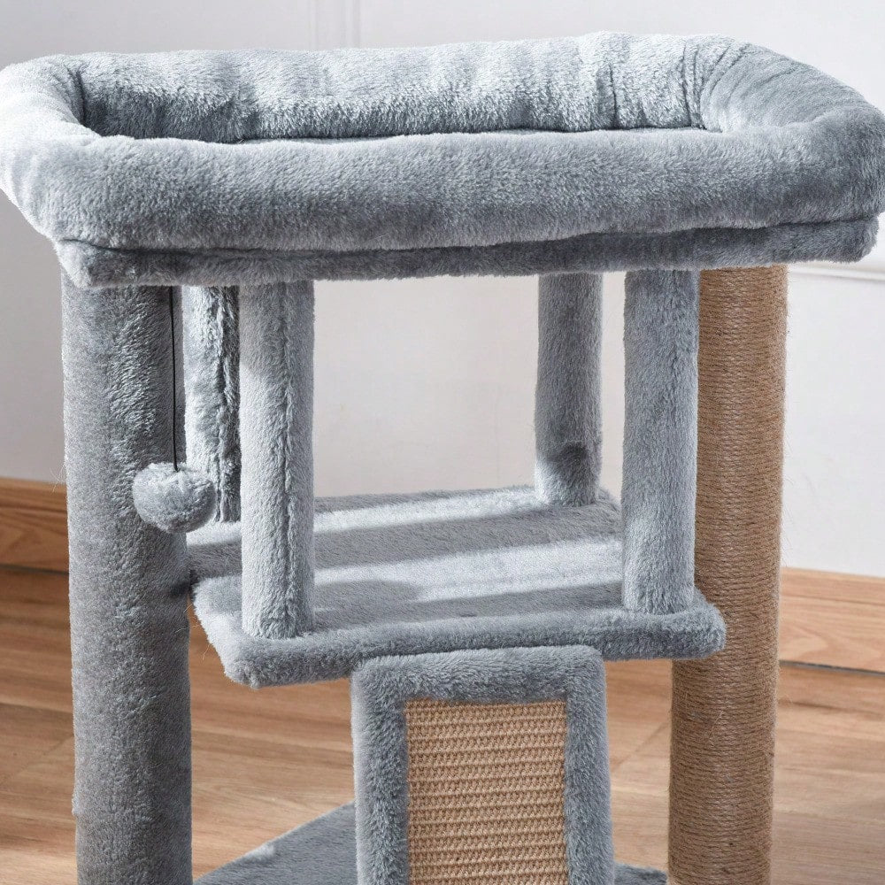 PawHut Kratzbaum mit Katzenhöhle, Mehrstufiger Katzenturm mit Sisal, Liegefläche & Spielball, Für kleine Katzen, Katzenspielzeug für die Wohnung, 57 cm Höhe, Hellgrau