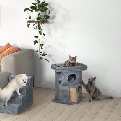 PawHut Kratzbaum mit Katzenhöhle, Mehrstufiger Katzenturm mit Sisal, Liegefläche & Spielball, Für kleine Katzen, Katzenspielzeug für die Wohnung, 57 cm Höhe, Hellgrau