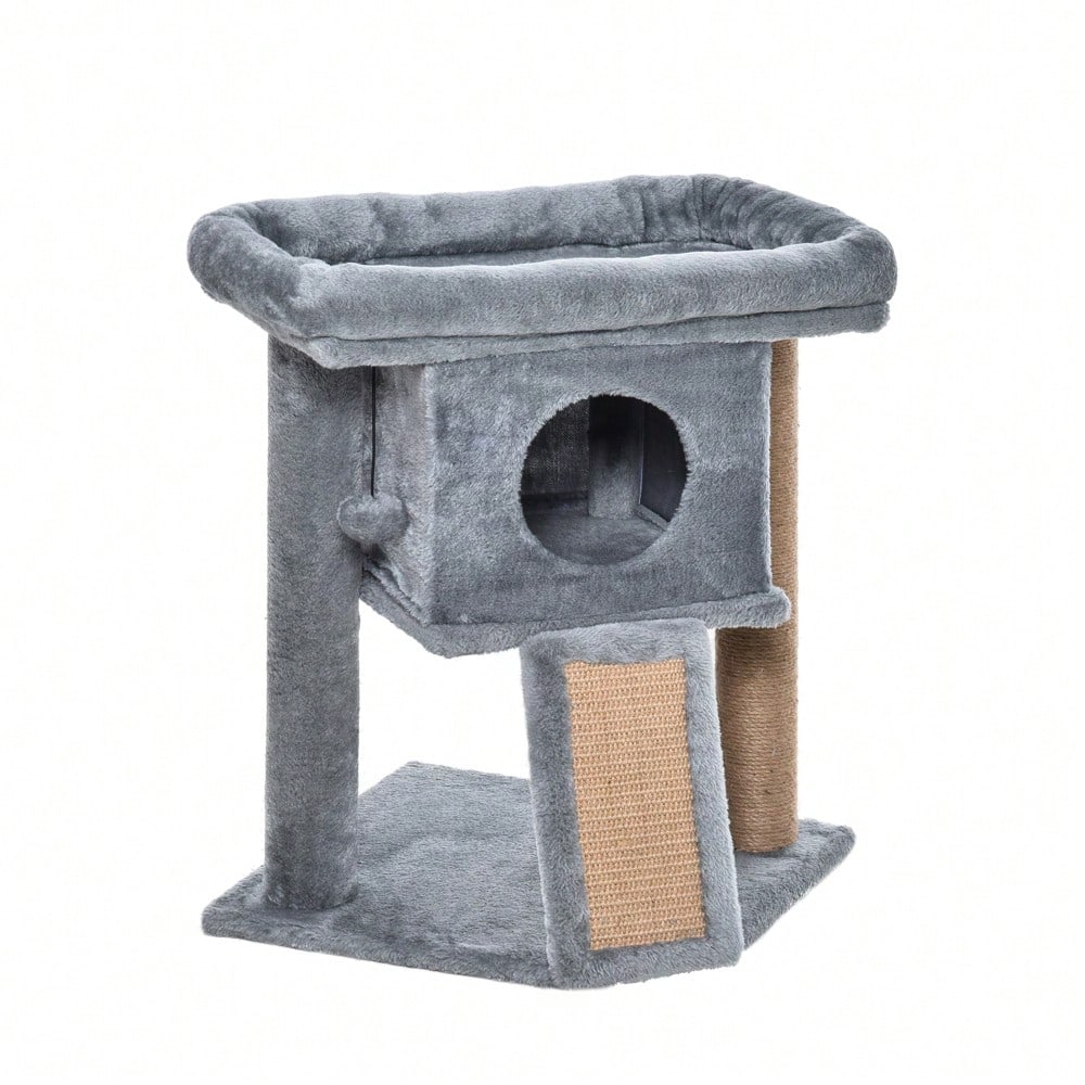 PawHut Kratzbaum mit Katzenhöhle, Mehrstufiger Katzenturm mit Sisal, Liegefläche & Spielball, Für kleine Katzen, Katzenspielzeug für die Wohnung, 57 cm Höhe, Hellgrau