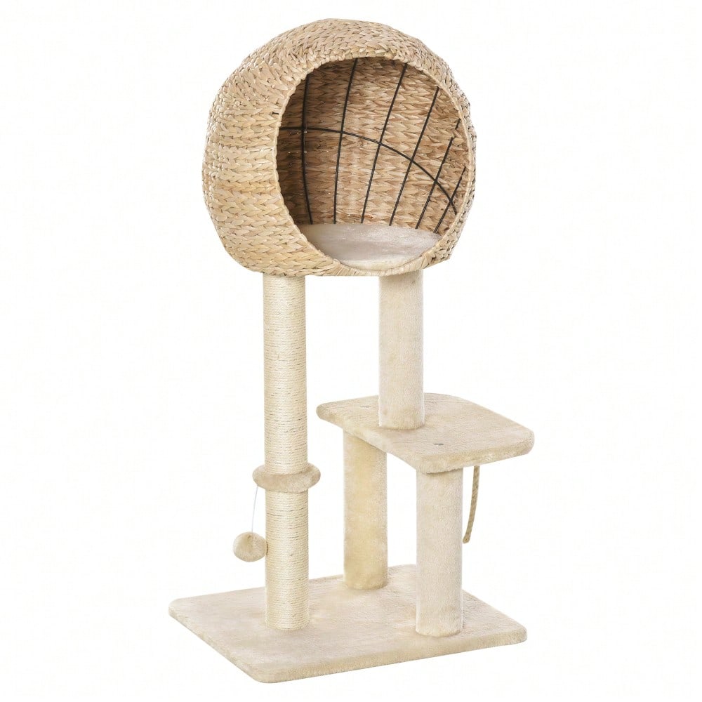 PawHut Kratzbaum mit Katzenhöhle, 100 cm Katzenturm mit Sisalstämmen & Ballspielzeug, Kratzmöbel mit Schlafplatz für kleine Katzen, Für die Wohnung, Beige