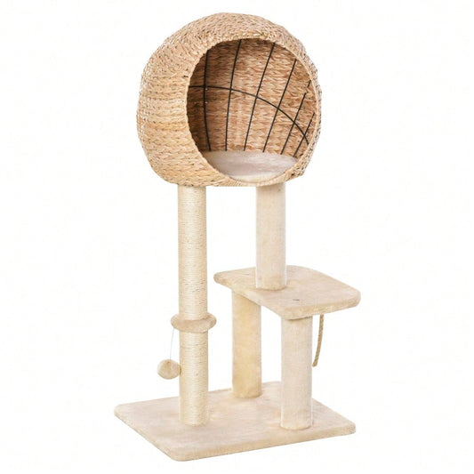 PawHut Kratzbaum mit Katzenhöhle, 100 cm Katzenturm mit Sisalstämmen & Ballspielzeug, Kratzmöbel mit Schlafplatz für kleine Katzen, Für die Wohnung, Beige