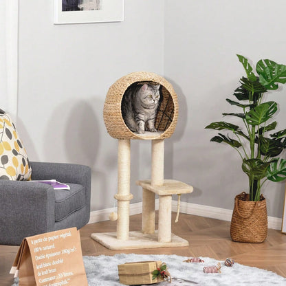 PawHut Kratzbaum mit Katzenhöhle, 100 cm Katzenturm mit Sisalstämmen & Ballspielzeug, Kratzmöbel mit Schlafplatz für kleine Katzen, Für die Wohnung, Beige