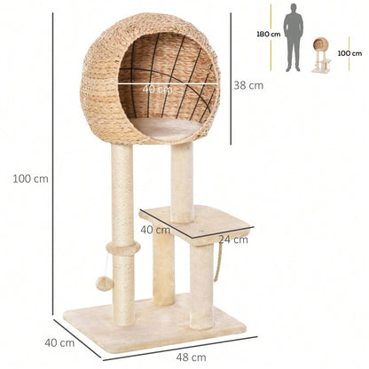 PawHut Kratzbaum mit Katzenhöhle, 100 cm Katzenturm mit Sisalstämmen & Ballspielzeug, Kratzmöbel mit Schlafplatz für kleine Katzen, Für die Wohnung, Beige
