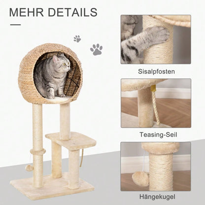 PawHut Kratzbaum mit Katzenhöhle, 100 cm Katzenturm mit Sisalstämmen & Ballspielzeug, Kratzmöbel mit Schlafplatz für kleine Katzen, Für die Wohnung, Beige