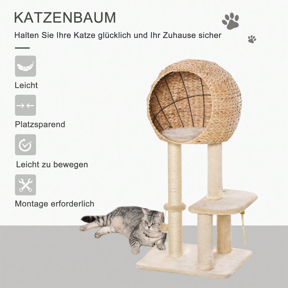 PawHut Kratzbaum mit Katzenhöhle, 100 cm Katzenturm mit Sisalstämmen & Ballspielzeug, Kratzmöbel mit Schlafplatz für kleine Katzen, Für die Wohnung, Beige