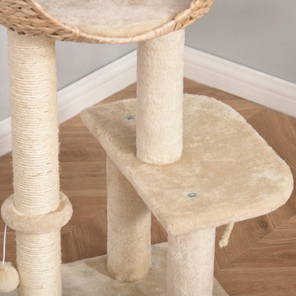 PawHut Kratzbaum mit Katzenhöhle, 100 cm Katzenturm mit Sisalstämmen & Ballspielzeug, Kratzmöbel mit Schlafplatz für kleine Katzen, Für die Wohnung, Beige
