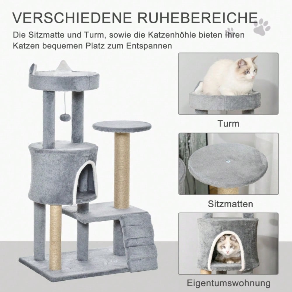 PawHut Kratzbaum mit Katzenhöhle und Leiter, 100 cm Katzenturm aus Spanplatte & Jute, Kletterbaum mit Schlafplatz, Für kleine Katzen, 60x40x100 cm, Grau