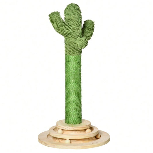 PawHut Kratzbaum in Kaktus Design mit Spielzeug, Katzenturm aus Kiefernholz & Sisal, Kratzstamm mit Holzkugel, Für kleine Katzen, 60 cm Höhe, Grün/Natur