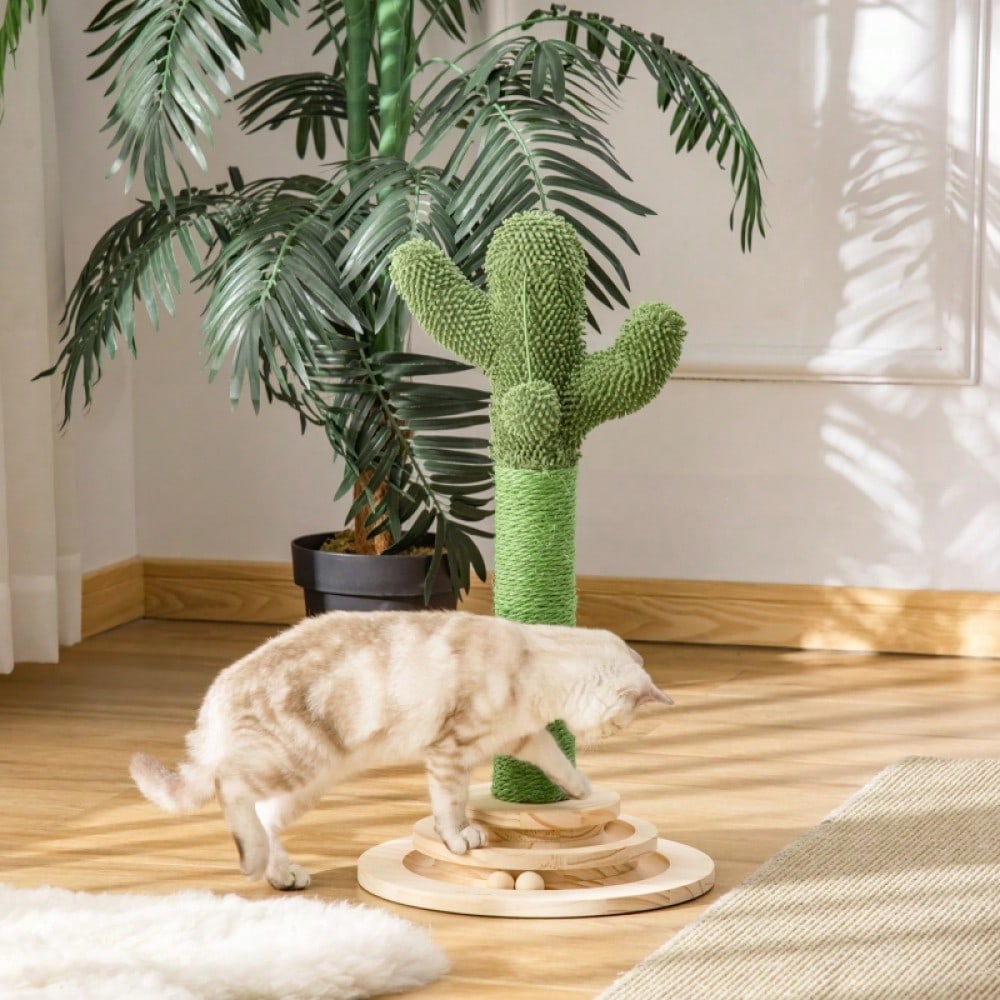 PawHut Kratzbaum in Kaktus Design mit Spielzeug, Katzenturm aus Kiefernholz & Sisal, Kratzstamm mit Holzkugel, Für kleine Katzen, 60 cm Höhe, Grün/Natur