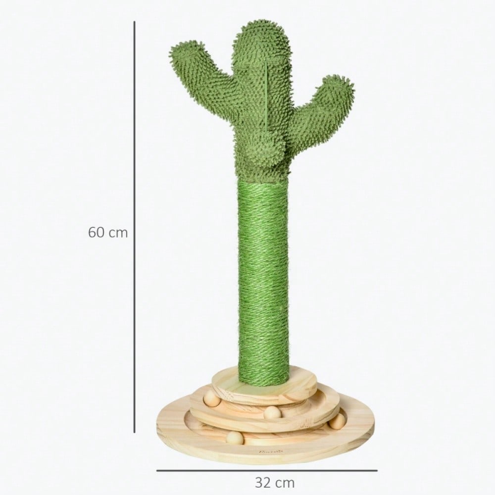 PawHut Kratzbaum in Kaktus Design mit Spielzeug, Katzenturm aus Kiefernholz & Sisal, Kratzstamm mit Holzkugel, Für kleine Katzen, 60 cm Höhe, Grün/Natur