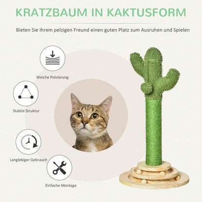 PawHut Kratzbaum in Kaktus Design mit Spielzeug, Katzenturm aus Kiefernholz & Sisal, Kratzstamm mit Holzkugel, Für kleine Katzen, 60 cm Höhe, Grün/Natur