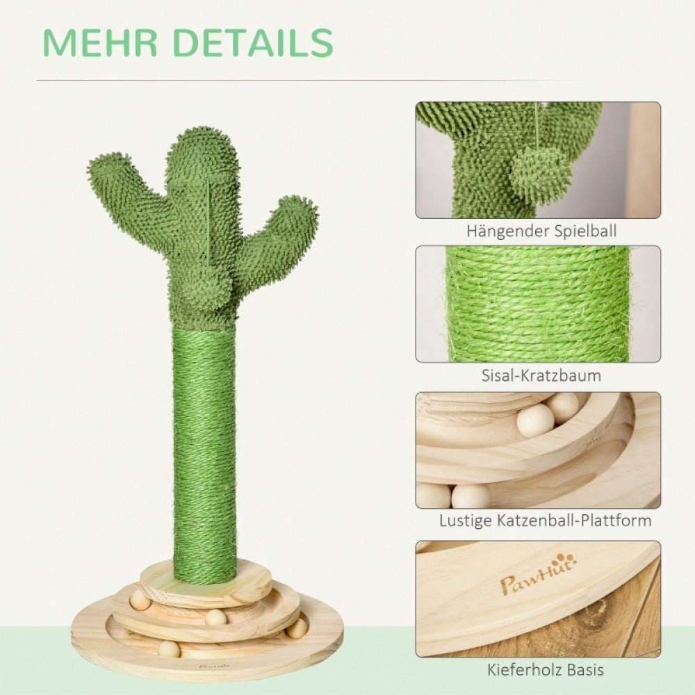 PawHut Kratzbaum in Kaktus Design mit Spielzeug, Katzenturm aus Kiefernholz & Sisal, Kratzstamm mit Holzkugel, Für kleine Katzen, 60 cm Höhe, Grün/Natur