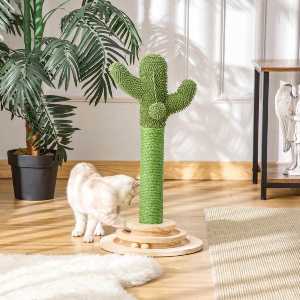 PawHut Kratzbaum in Kaktus Design mit Spielzeug, Katzenturm aus Kiefernholz & Sisal, Kratzstamm mit Holzkugel, Für kleine Katzen, 60 cm Höhe, Grün/Natur