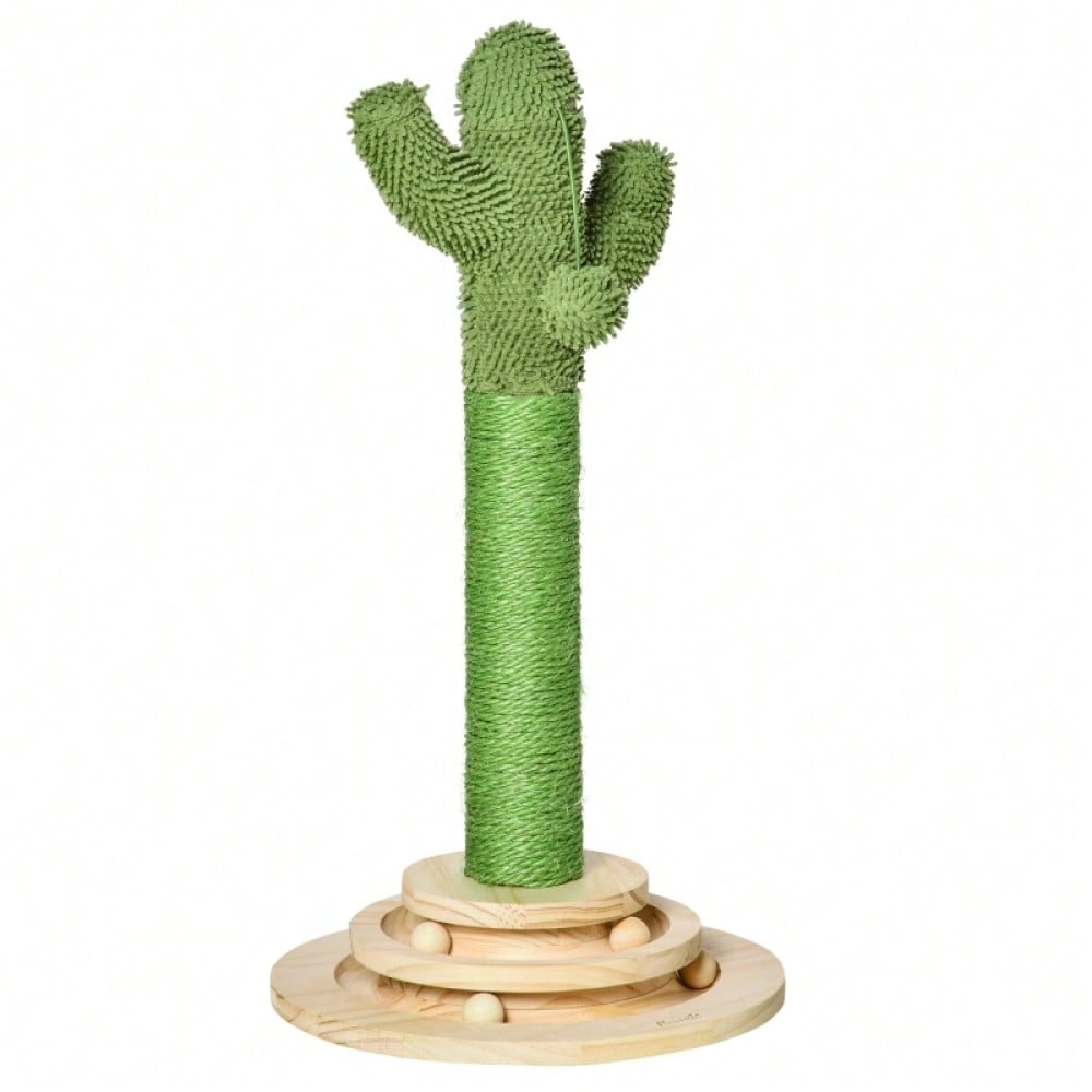 PawHut Kratzbaum in Kaktus Design mit Spielzeug, Katzenturm aus Kiefernholz & Sisal, Kratzstamm mit Holzkugel, Für kleine Katzen, 60 cm Höhe, Grün/Natur