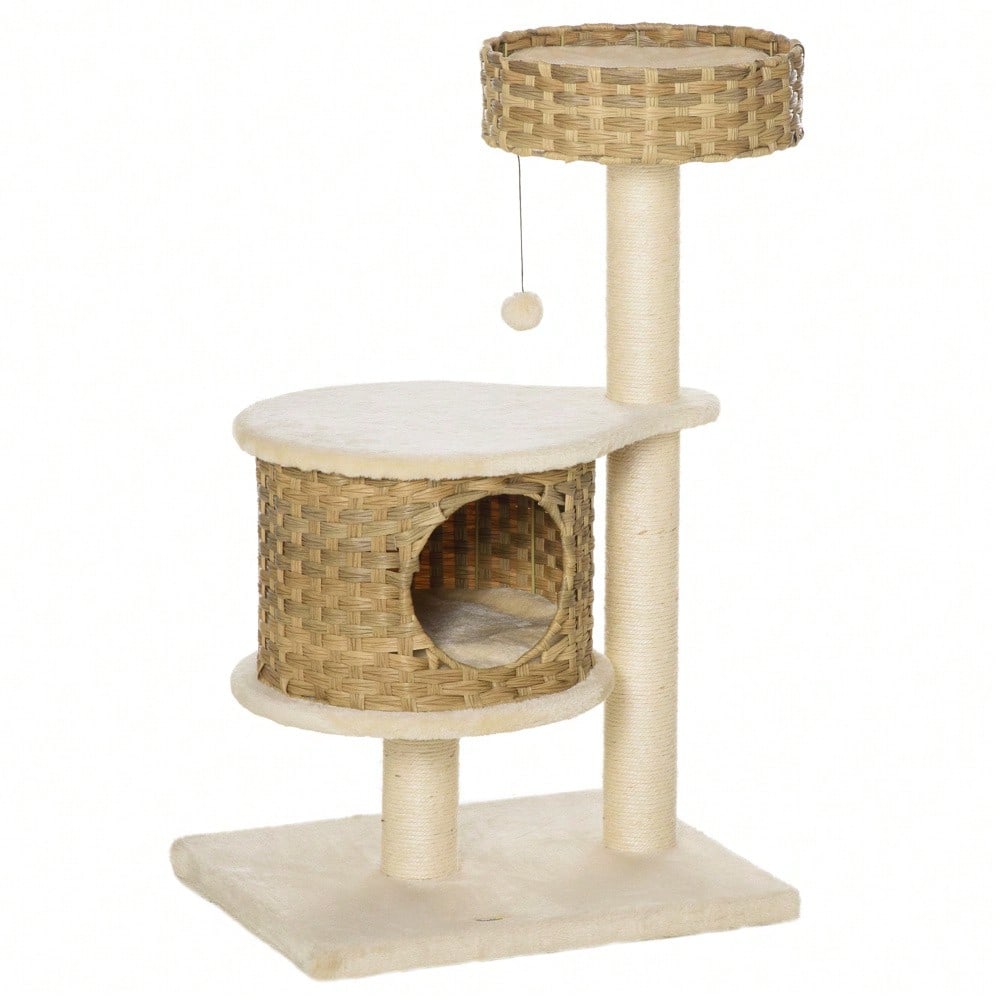 PawHut Kratzbaum aus Rattan mit Katzenhöhle und Ballspielzeug, Katzenturm mit Schlaffläche, Für kleine Katzen, Katzenmöbel für die Wohnung, 60 cm Höhe, Natur/Beige