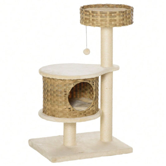 PawHut Kratzbaum aus Rattan mit Katzenhöhle und Ballspielzeug, Katzenturm mit Schlaffläche, Für kleine Katzen, Katzenmöbel für die Wohnung, 60 cm Höhe, Natur/Beige