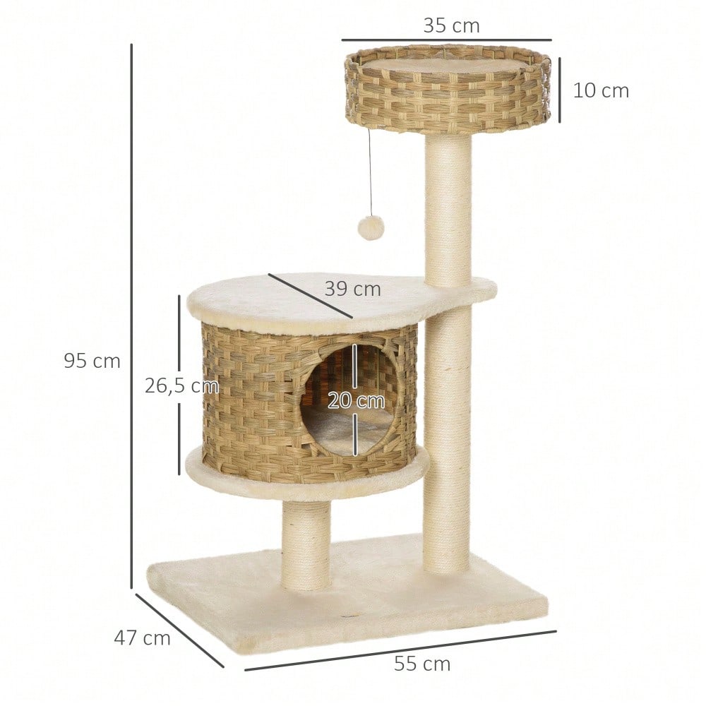 PawHut Kratzbaum aus Rattan mit Katzenhöhle und Ballspielzeug, Katzenturm mit Schlaffläche, Für kleine Katzen, Katzenmöbel für die Wohnung, 60 cm Höhe, Natur/Beige