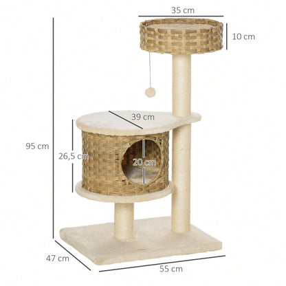 PawHut Kratzbaum aus Rattan mit Katzenhöhle und Ballspielzeug, Katzenturm mit Schlaffläche, Für kleine Katzen, Katzenmöbel für die Wohnung, 60 cm Höhe, Natur/Beige