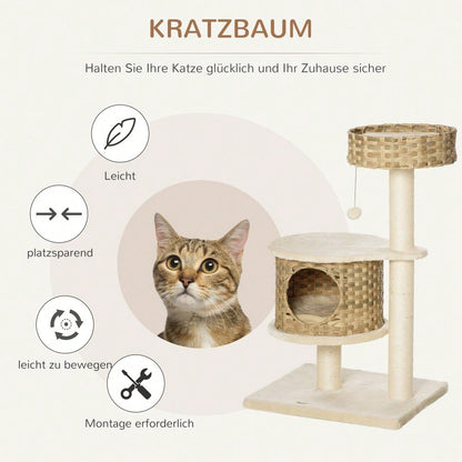 PawHut Kratzbaum aus Rattan mit Katzenhöhle und Ballspielzeug, Katzenturm mit Schlaffläche, Für kleine Katzen, Katzenmöbel für die Wohnung, 60 cm Höhe, Natur/Beige