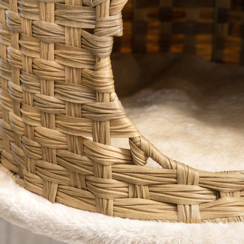 PawHut Kratzbaum aus Rattan mit Katzenhöhle und Ballspielzeug, Katzenturm mit Schlaffläche, Für kleine Katzen, Katzenmöbel für die Wohnung, 60 cm Höhe, Natur/Beige
