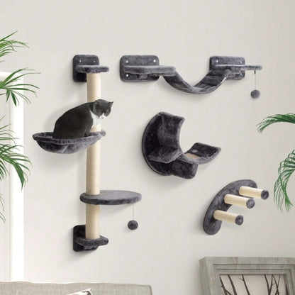 PawHut Kletterwand für Katzen 4-teilig, Wandmontage-Set mit Hängematte & Katzenbrücke, Katzenspielzeug bis 5 kg Belastung, Für kleine Katzen, Dunkelgrau