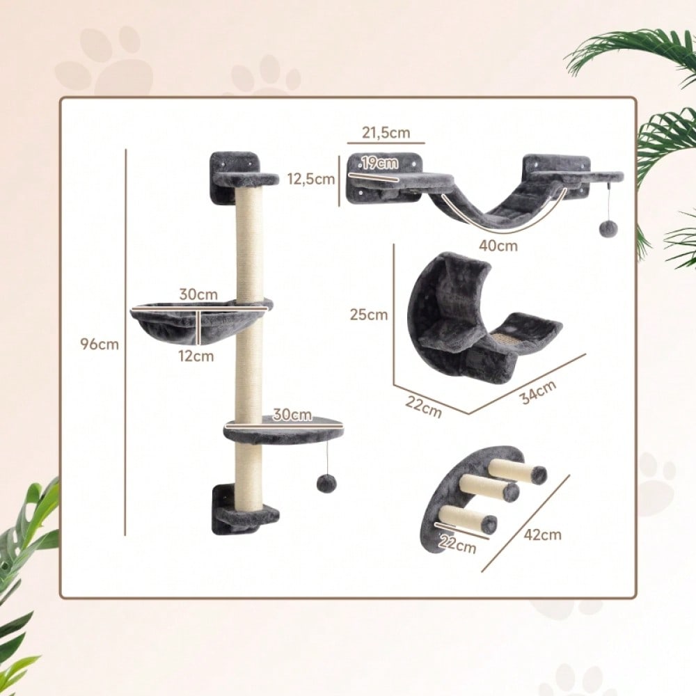 PawHut Kletterwand für Katzen 4-teilig, Wandmontage-Set mit Hängematte & Katzenbrücke, Katzenspielzeug bis 5 kg Belastung, Für kleine Katzen, Dunkelgrau