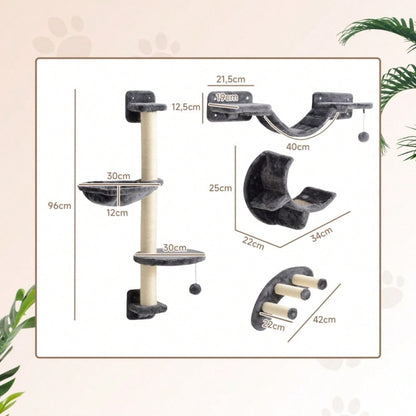 PawHut Kletterwand für Katzen 4-teilig, Wandmontage-Set mit Hängematte & Katzenbrücke, Katzenspielzeug bis 5 kg Belastung, Für kleine Katzen, Dunkelgrau