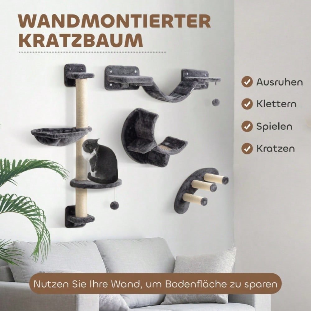 PawHut Kletterwand für Katzen 4-teilig, Wandmontage-Set mit Hängematte & Katzenbrücke, Katzenspielzeug bis 5 kg Belastung, Für kleine Katzen, Dunkelgrau
