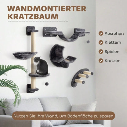 PawHut Kletterwand für Katzen 4-teilig, Wandmontage-Set mit Hängematte & Katzenbrücke, Katzenspielzeug bis 5 kg Belastung, Für kleine Katzen, Dunkelgrau