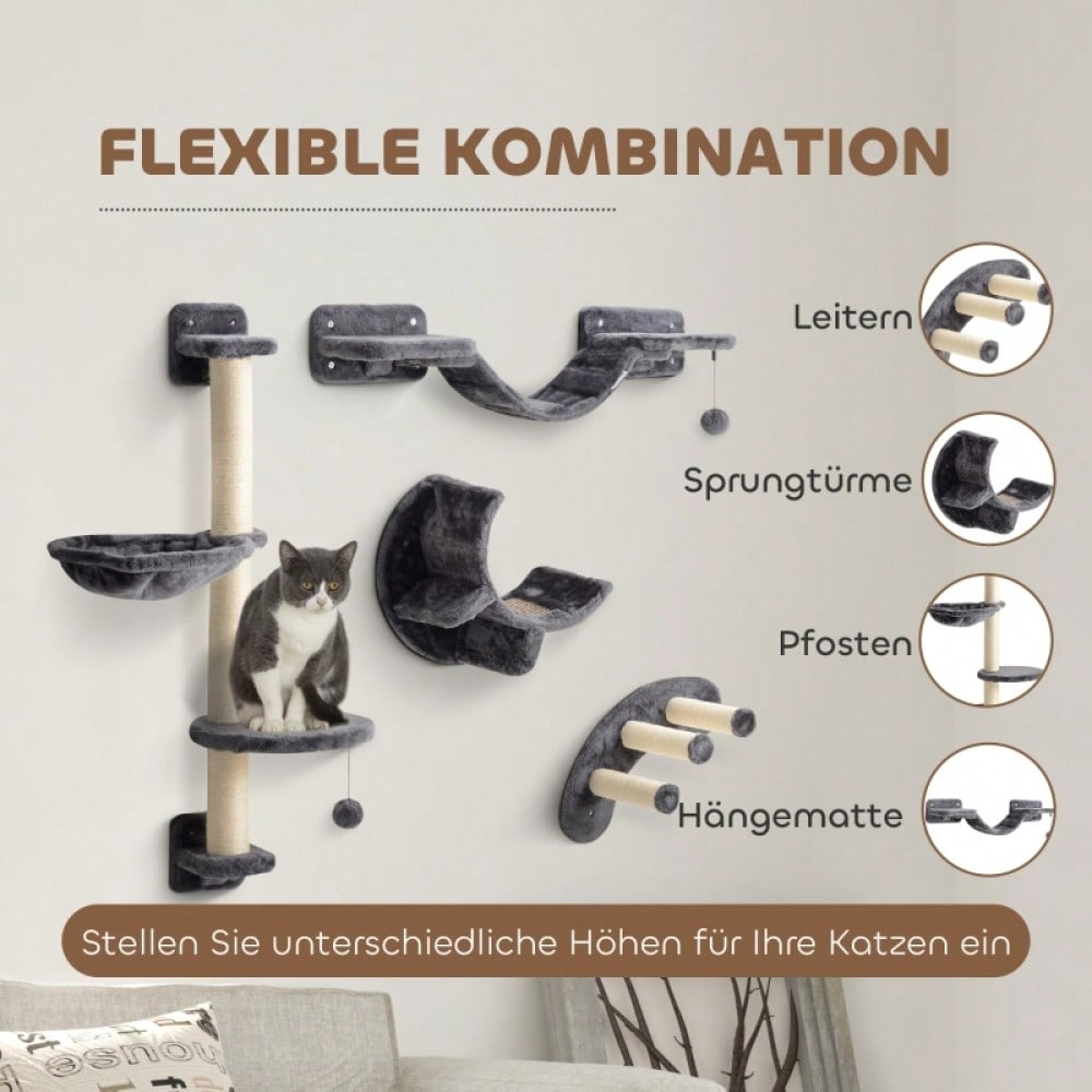 PawHut Kletterwand für Katzen 4-teilig, Wandmontage-Set mit Hängematte & Katzenbrücke, Katzenspielzeug bis 5 kg Belastung, Für kleine Katzen, Dunkelgrau