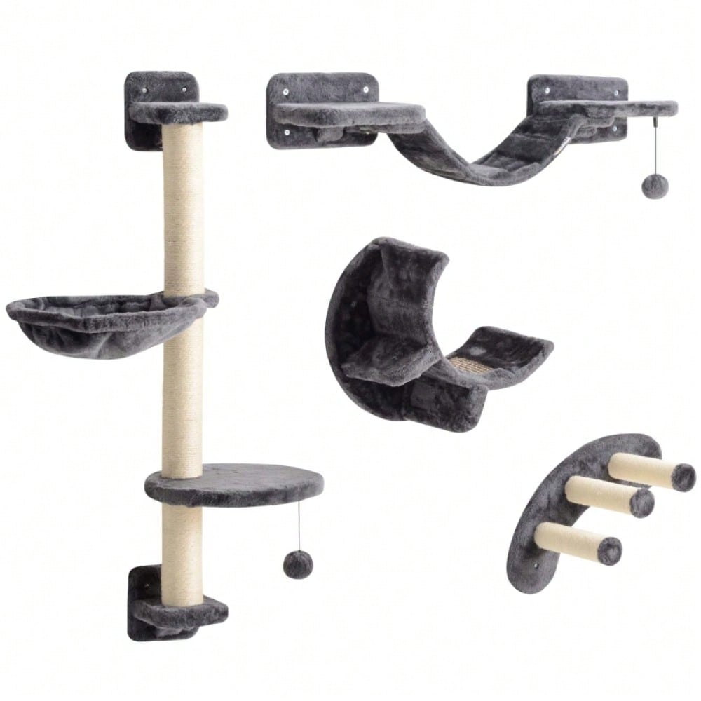 PawHut Kletterwand für Katzen 4-teilig, Wandmontage-Set mit Hängematte & Katzenbrücke, Katzenspielzeug bis 5 kg Belastung, Für kleine Katzen, Dunkelgrau